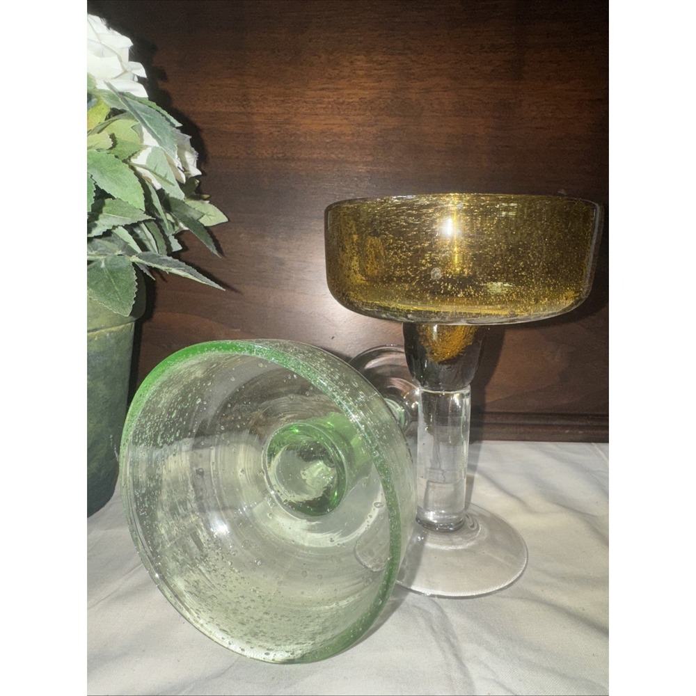 Set of (2) - Amber And Green Margarita Glasses - 6" Tall X4.5" Wide‎